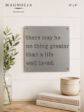 Magnolia Metal Wall Art Sign Life Well Loved Quote Farmhouse Decor silver grey
